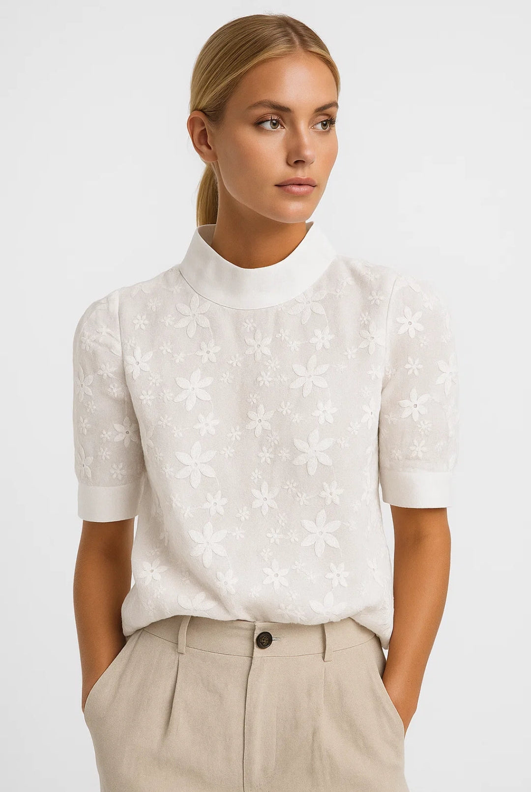 Bluzka z Haftem | Motyw Kwiatowy, Krótkie Rękawy | Elegancka Wykończenie