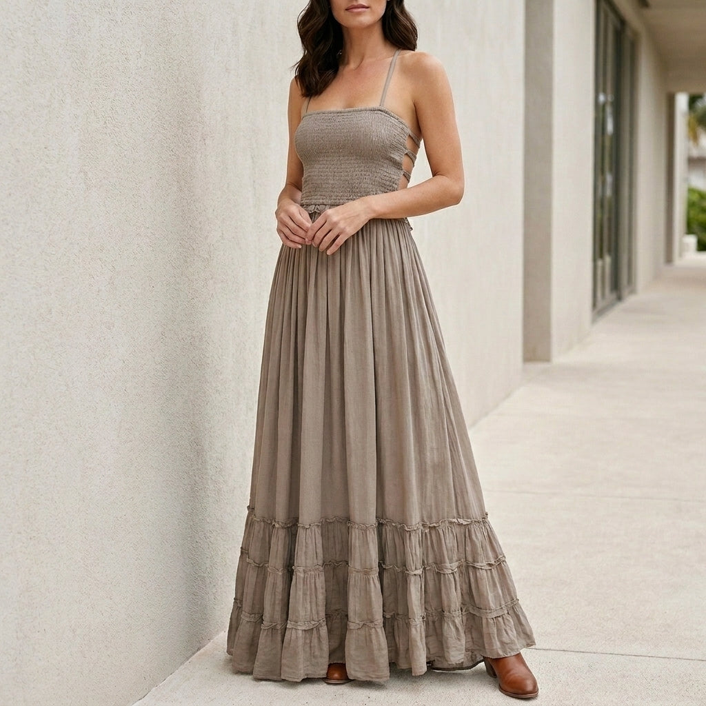 Sukienka Maxi | Otwarte Plecy, Zbierany Top | Letni Styl Boho