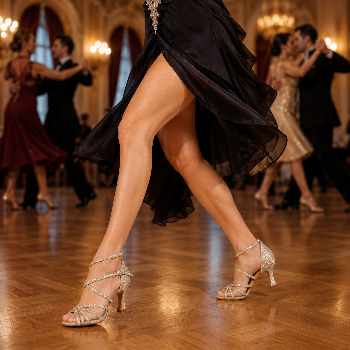 Buty salsa damskie złote z cekinami i obcasem