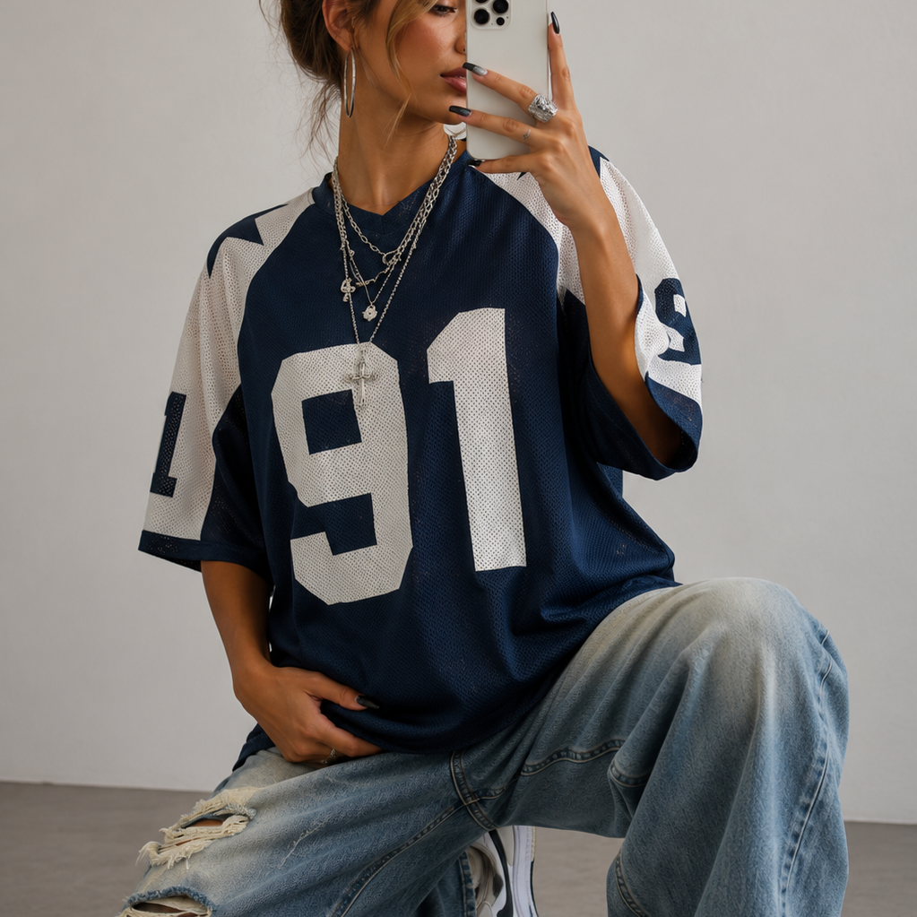 Koszulka Sportowa Oversized | Druk Numeryczny | Y2K Streetwear