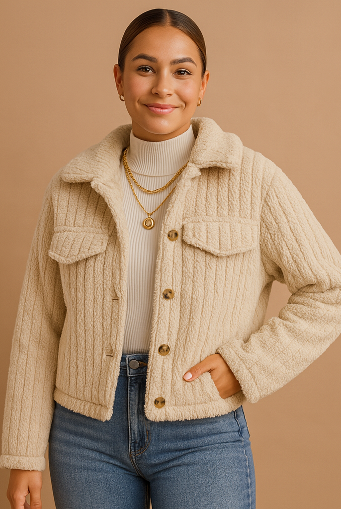 Sweter rozpinany | Miękka tekstura teddy, krótki krój