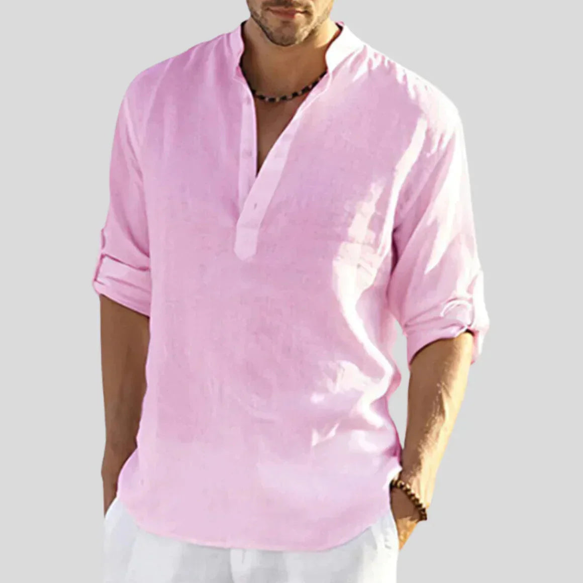 Lniana Koszula dla Mężczyzn | Długie Rękawy, Prosty Kołnierzyk | Oddychająca Koszula Letnia