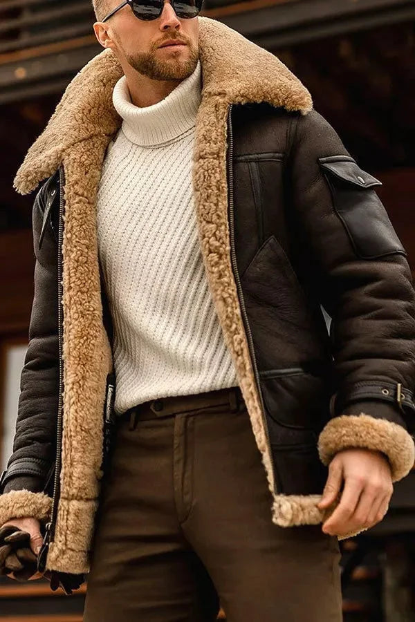 Męska Kurtka Aviator Skóra Sherpa Zimowa