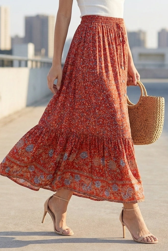 Spódnica Maxi Damska | Wzór Kwiatowy Bohemian, Layered Hem