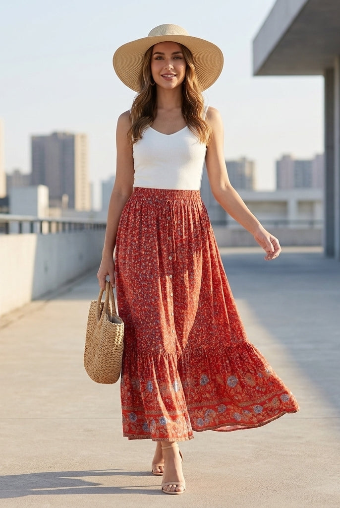 Spódnica Maxi Damska | Wzór Kwiatowy Bohemian, Layered Hem