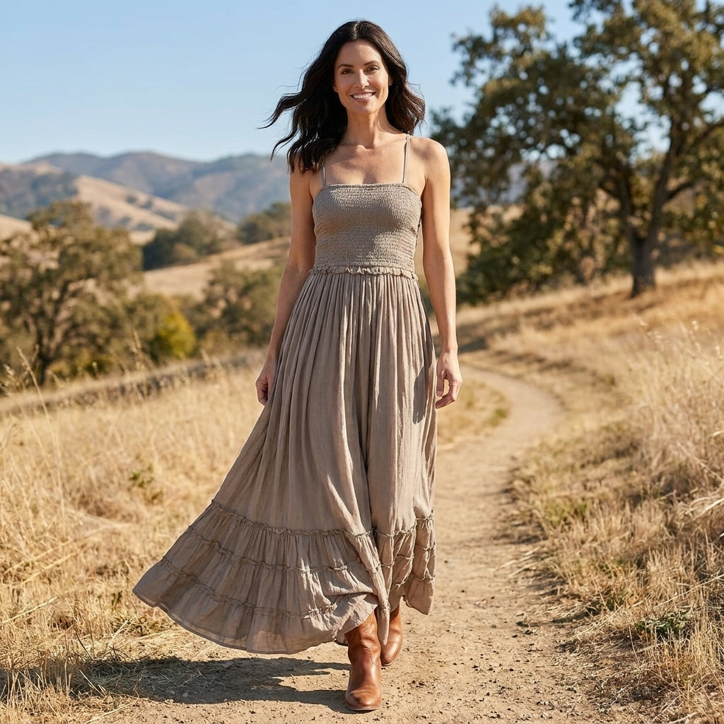 Sukienka Maxi | Otwarte Plecy, Zbierany Top | Letni Styl Boho