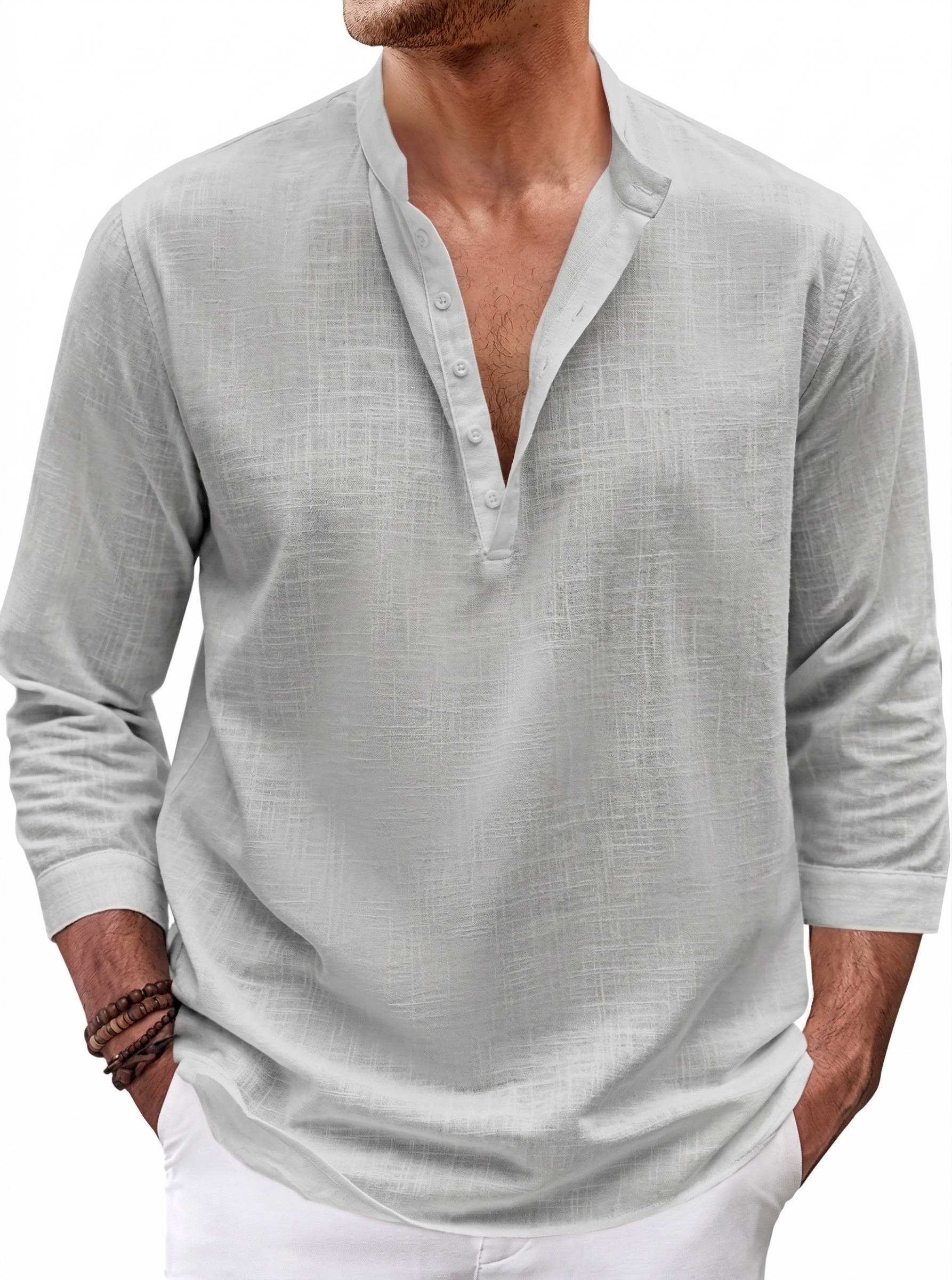 Koszula lniana męska | Casualowa, długie rękawy | Bandkraag