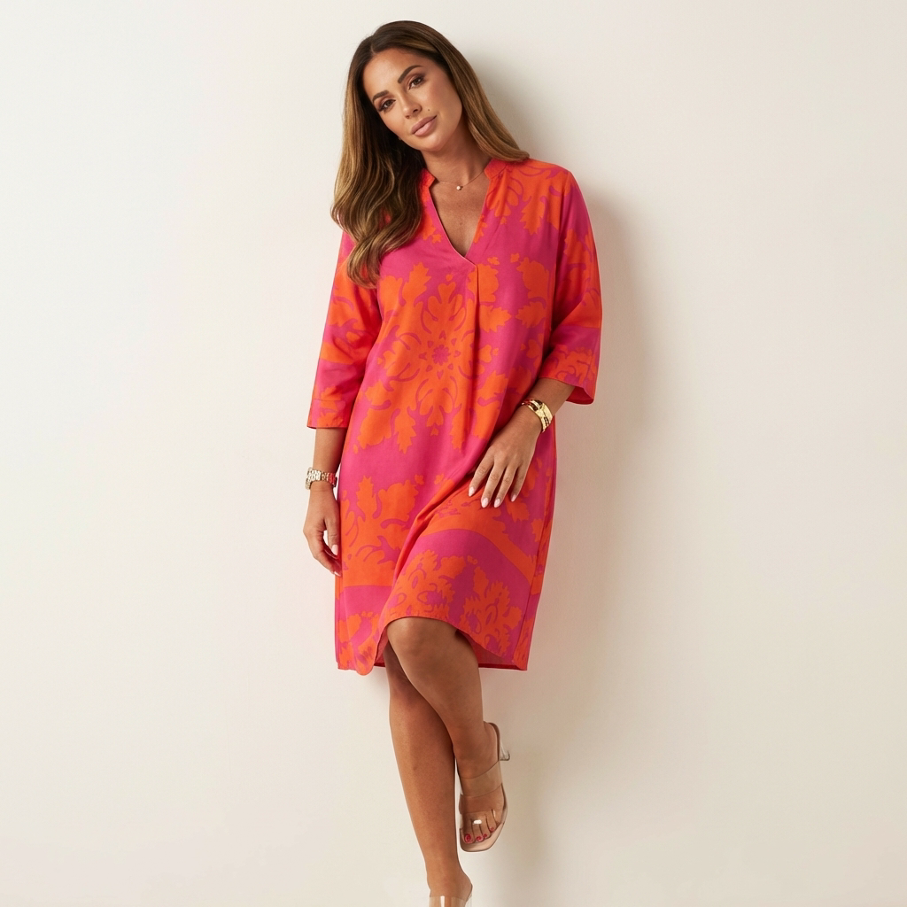 Sukienka midi boho | Dekolt V, rękawy trzy czwarte | Letnia