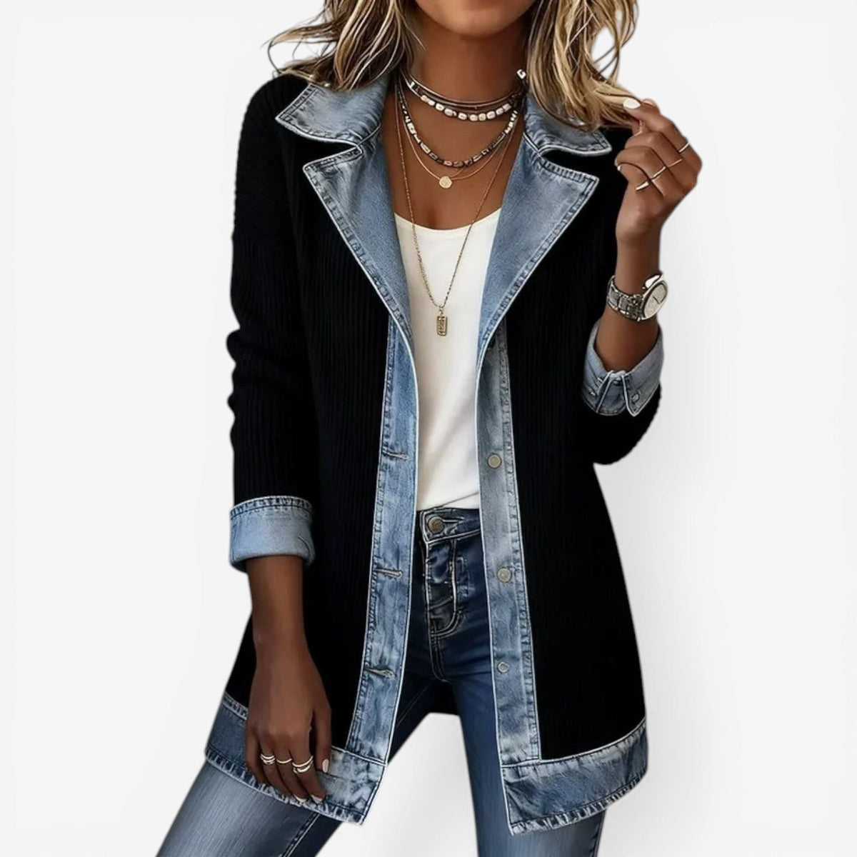 Damska kurtka z detalami denim warstwowy efekt luźny krój
