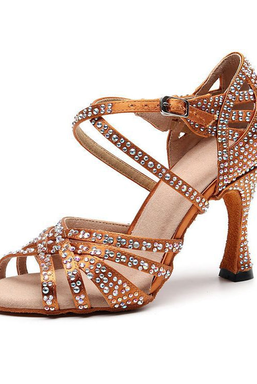 Buty do tańca łacińskiego damskie | Miękkie wygodne obcasy | Zdobione kryształkami