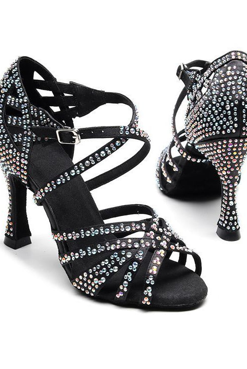 Buty do tańca łacińskiego damskie | Miękkie wygodne obcasy | Zdobione kryształkami
