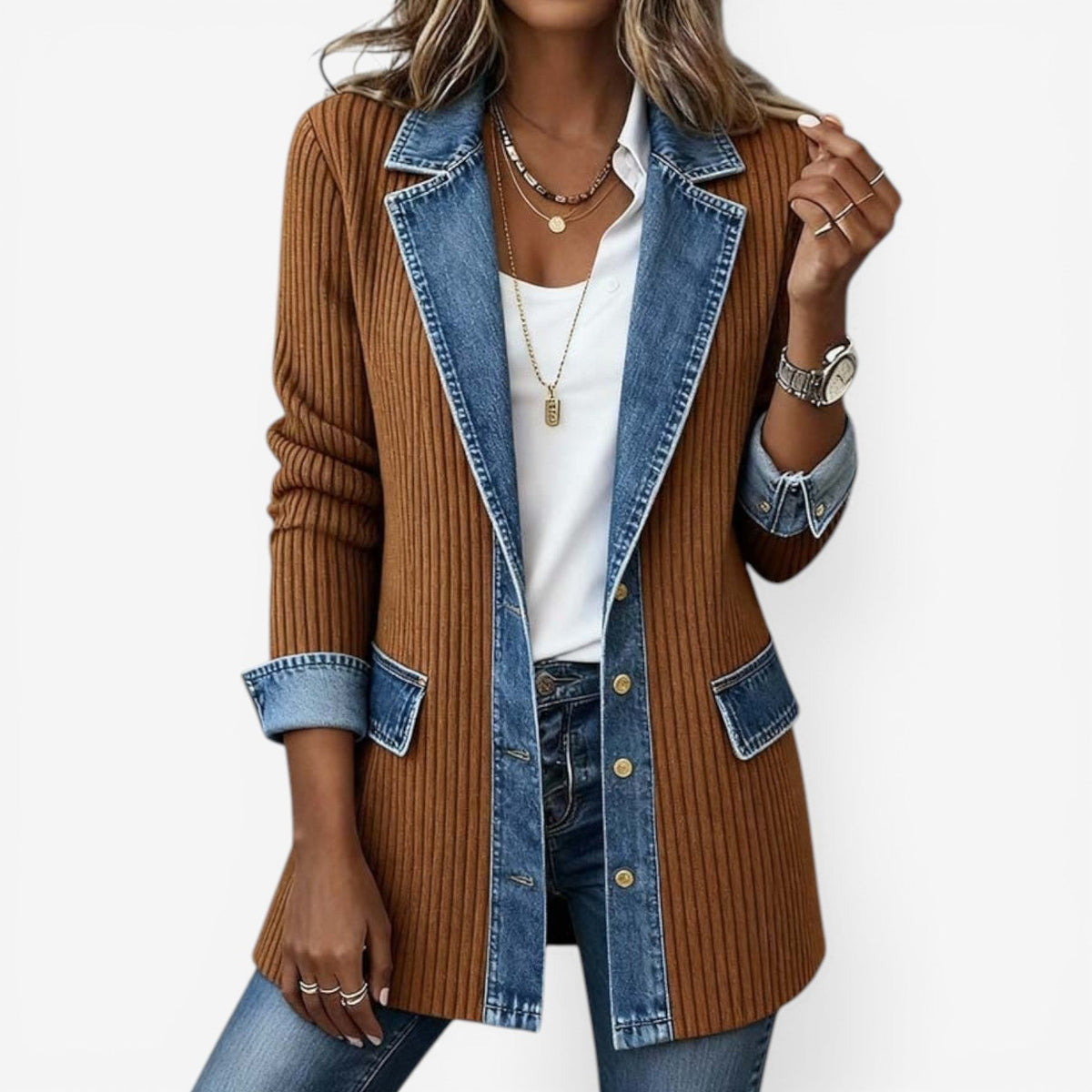 Damska kurtka z detalami denim warstwowy efekt luźny krój