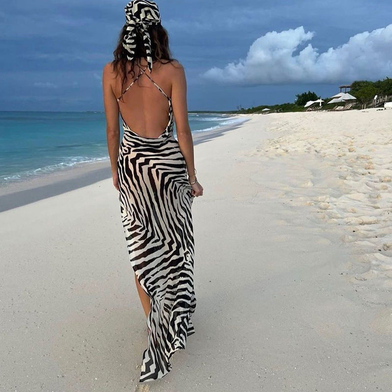 Sukienka maxi plażowa damska | Zebra, Wysoki rozcięcie | Przepadająca szyjka