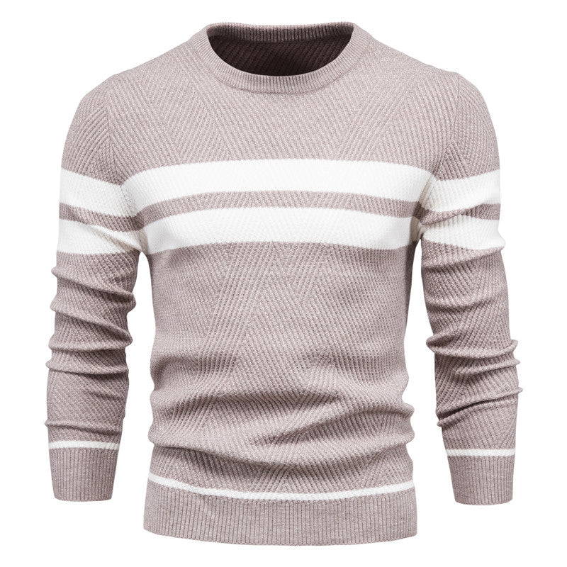 Męski sweter w paski - okrągły dekolt - klasyczny nowoczesny