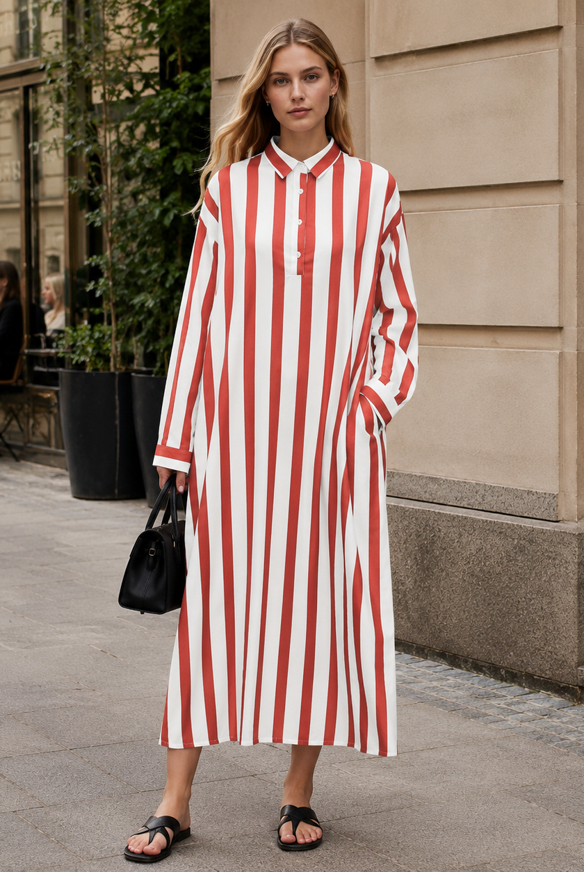 Damska Sukienka Maxi w Paski z Kołnierzem Koszulowym i Kieszeniami | Oversize | Letnia
