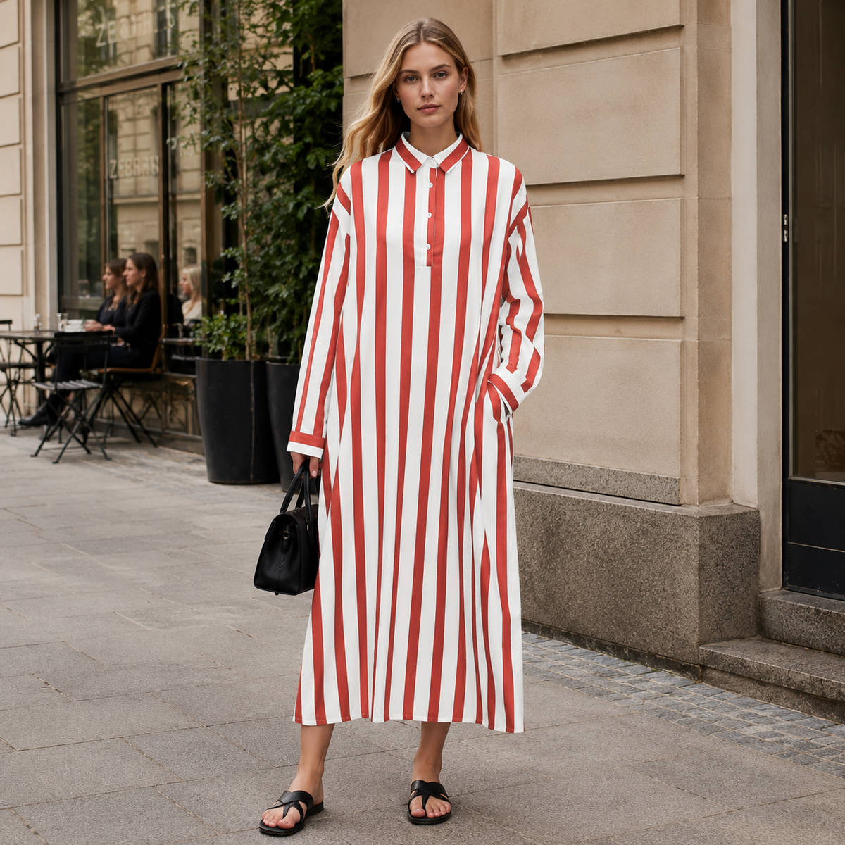 Damska Sukienka Maxi w Paski z Kołnierzem Koszulowym i Kieszeniami | Oversize | Letnia