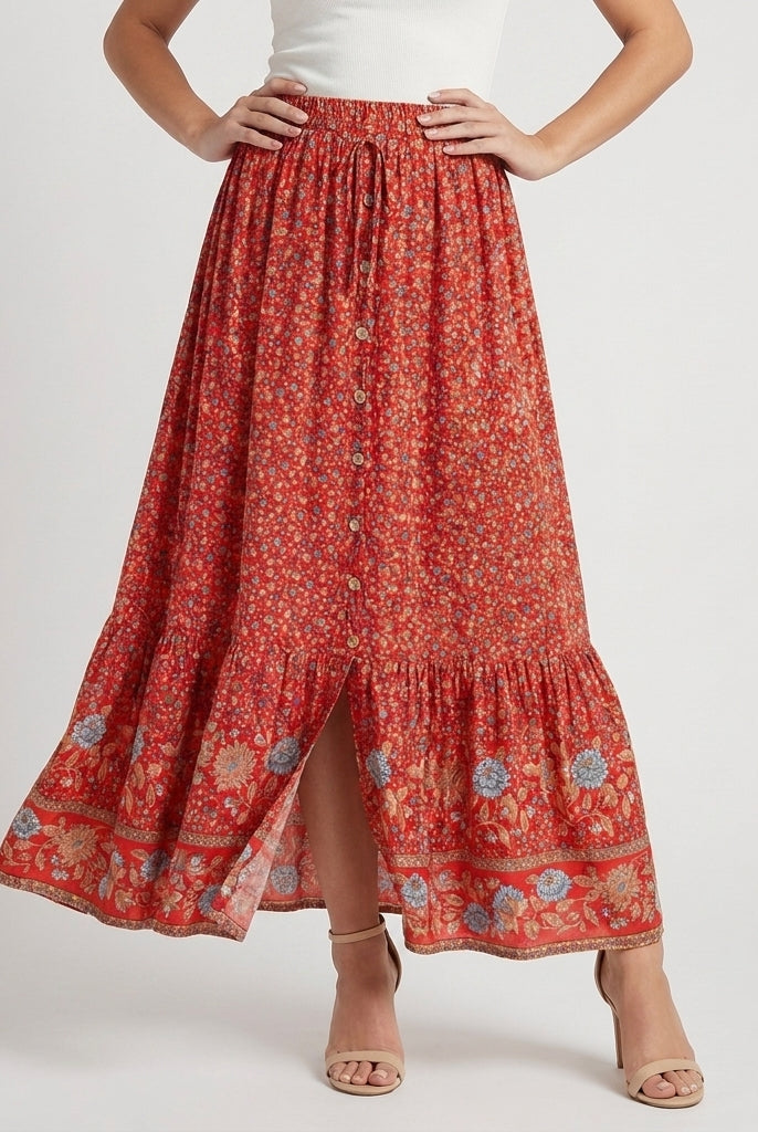 Spódnica Maxi Damska | Wzór Kwiatowy Bohemian, Layered Hem