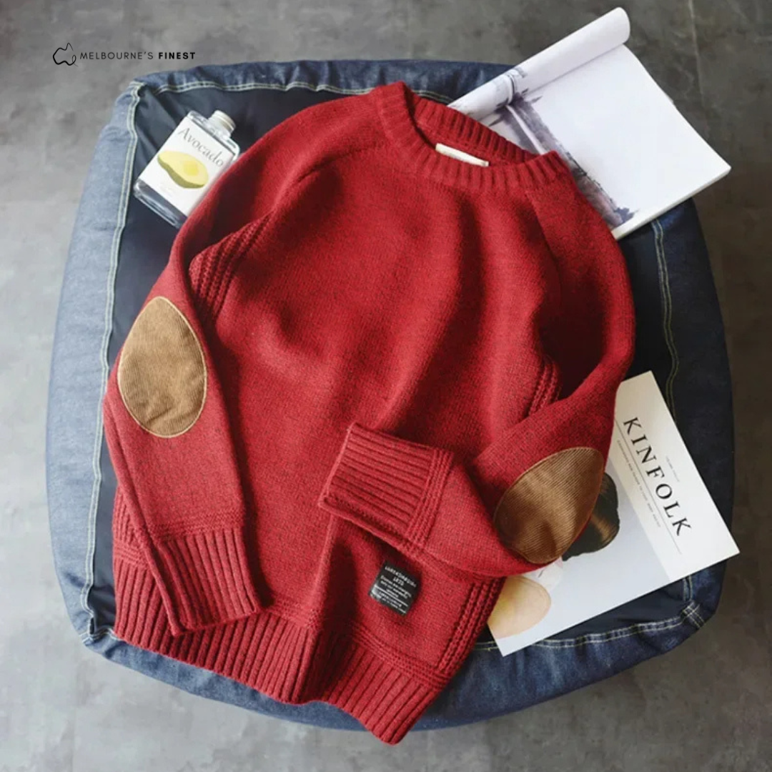 Męski sweter crew neck z naszywkami na łokciach i prążkowanym wykończeniem