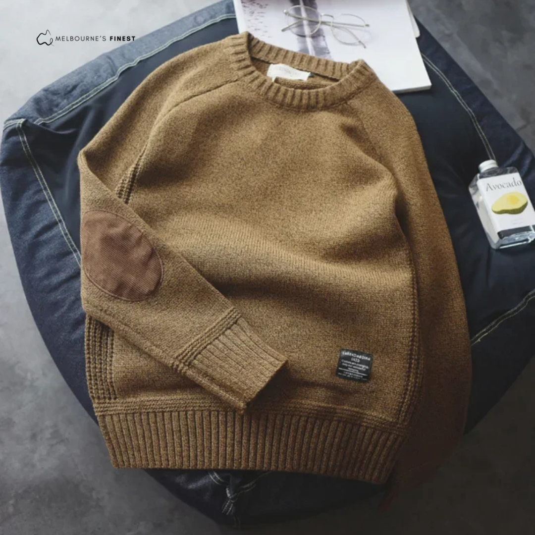 Męski sweter crew neck z naszywkami na łokciach i prążkowanym wykończeniem