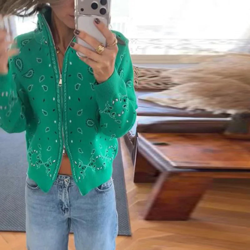 Damski cardigan z nadrukiem vintage z zamkiem i golfem długi rękaw