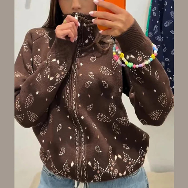 Damski cardigan z nadrukiem vintage z zamkiem i golfem długi rękaw