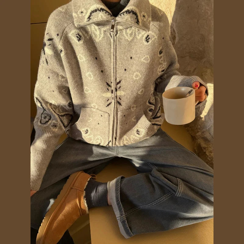 Damski cardigan z nadrukiem vintage z zamkiem i golfem długi rękaw