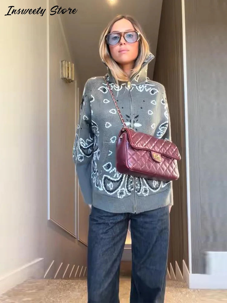 Damski cardigan z nadrukiem vintage z zamkiem i golfem długi rękaw