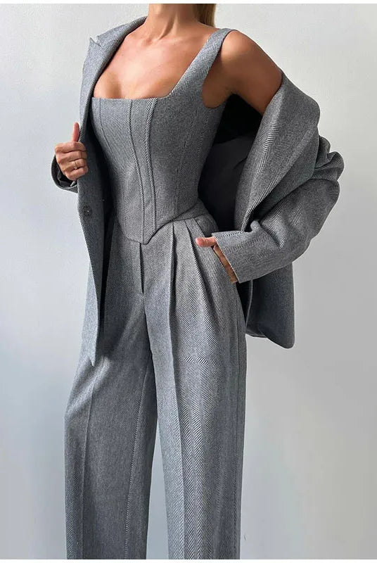 Damskie Spodnie Garnitur | Top Corset, Blazer i Spodnie Proste