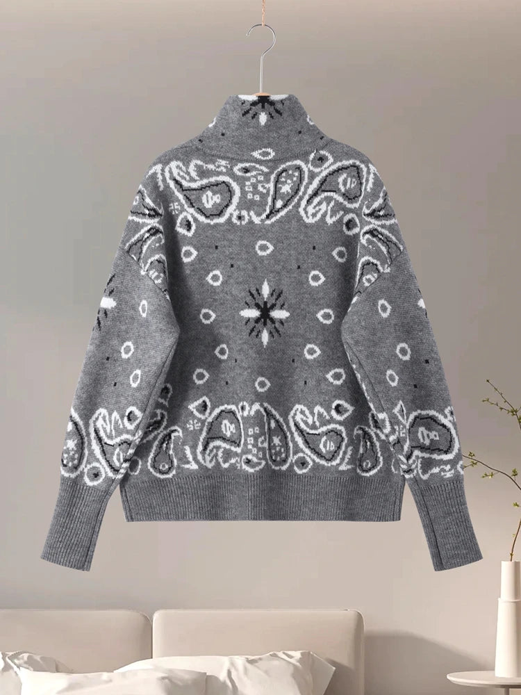 Damski dzianinowy kardigan jacquard z zamkiem i stójką luźny krój