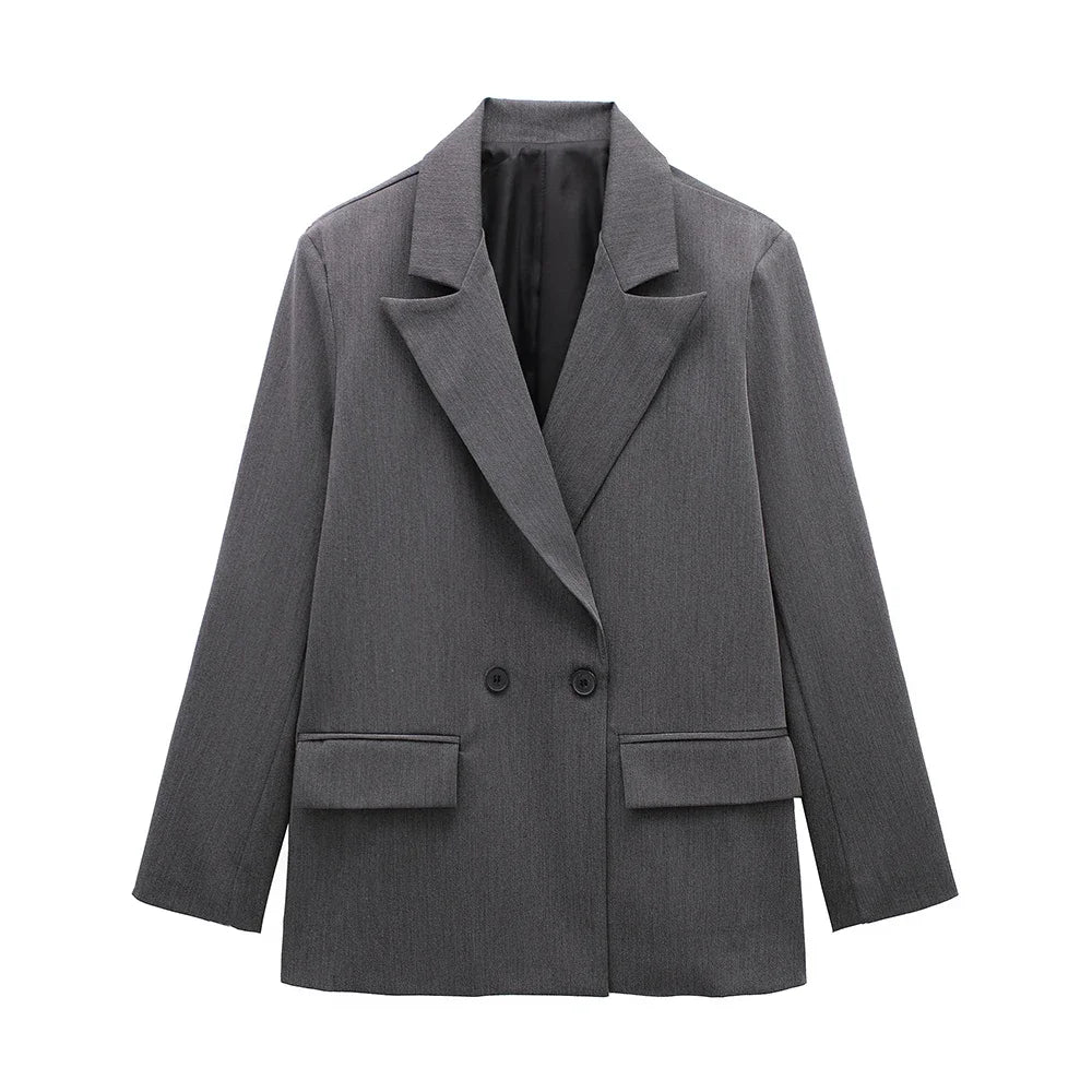 Damski kardigan blazer dwurzędowy długi rękaw z kieszeniami vintage