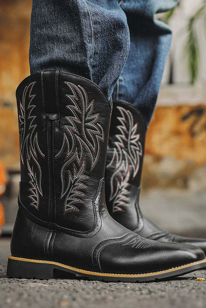 Męskie buty kowbojskie - haft - klasyczne - do połowy łydki - kwadratowy czubek