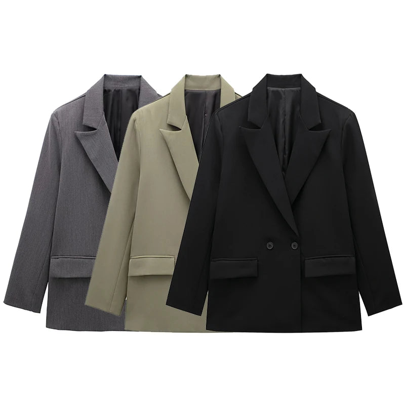 Damski kardigan blazer dwurzędowy długi rękaw z kieszeniami vintage