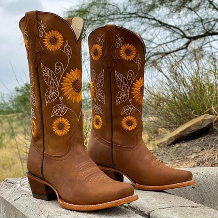 Buty Kowbojskie Damskie | Zamsz, Połowa Łydki | Boho