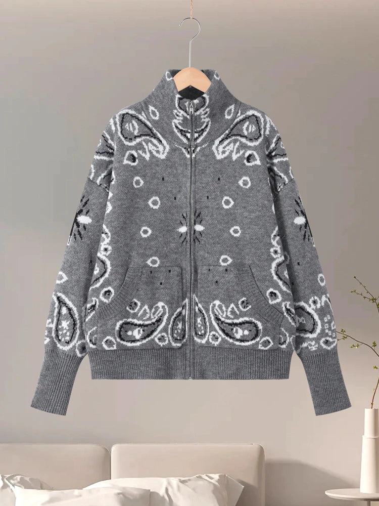 Damski dzianinowy kardigan jacquard z zamkiem i stójką luźny krój