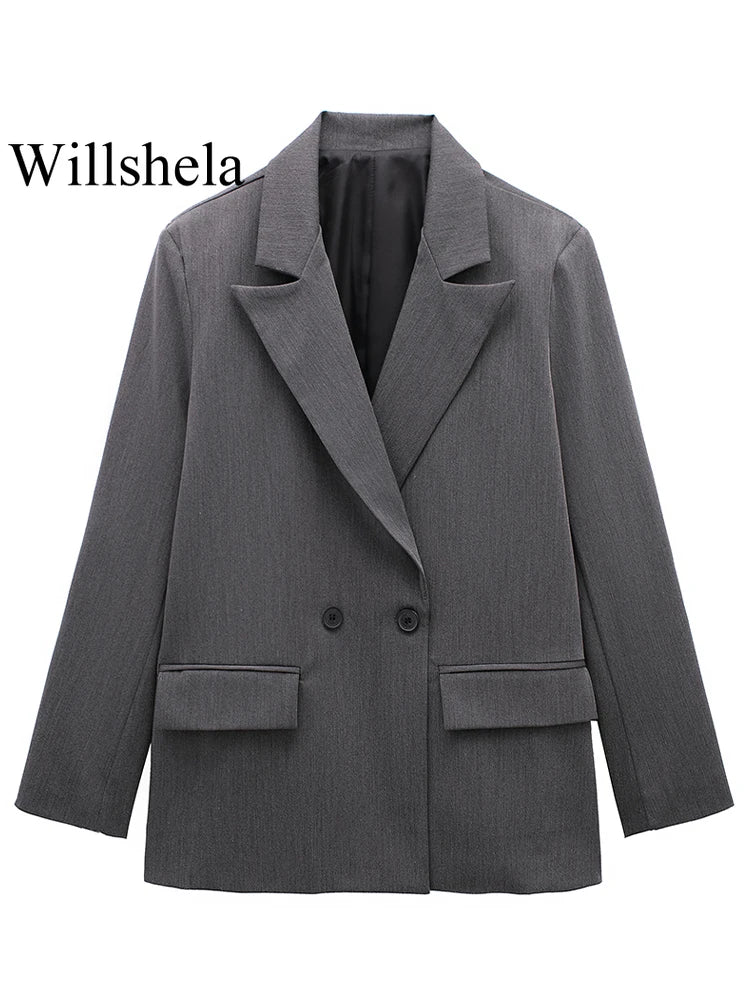 Damski kardigan blazer dwurzędowy długi rękaw z kieszeniami vintage