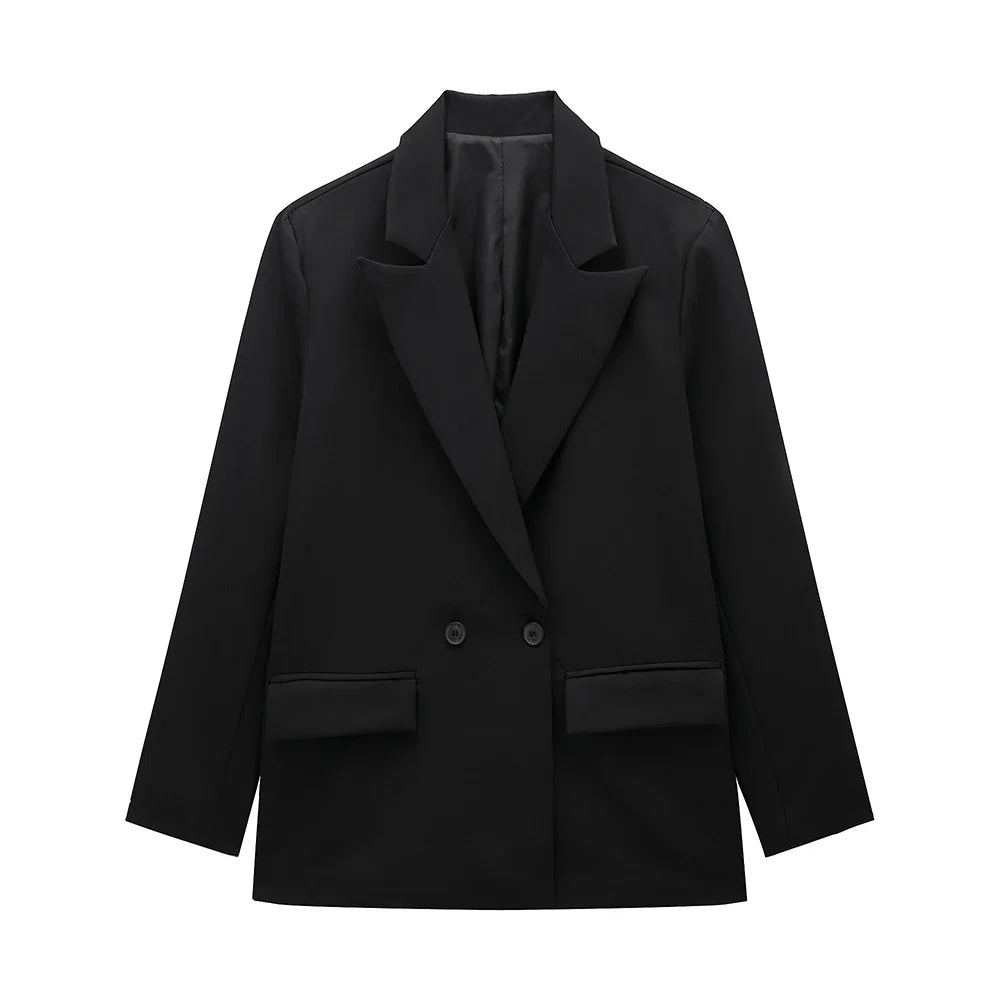 Damski kardigan blazer dwurzędowy długi rękaw z kieszeniami vintage