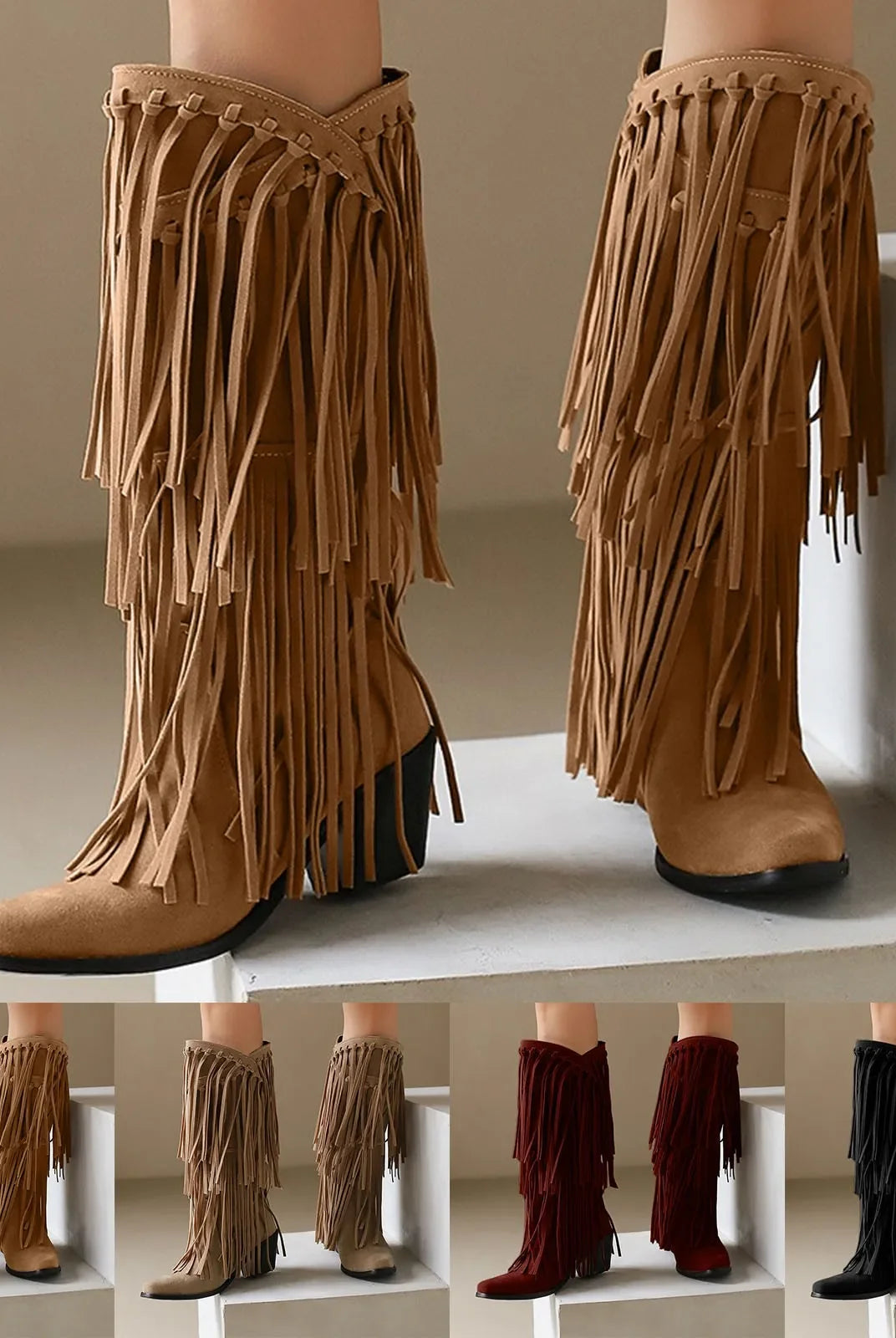 Buty Kowbojskie z Frędzlami | Wysoki Krój, Wielbłądzi Kolor