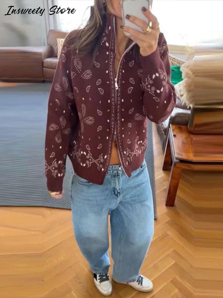 Damski cardigan z nadrukiem vintage z zamkiem i golfem długi rękaw