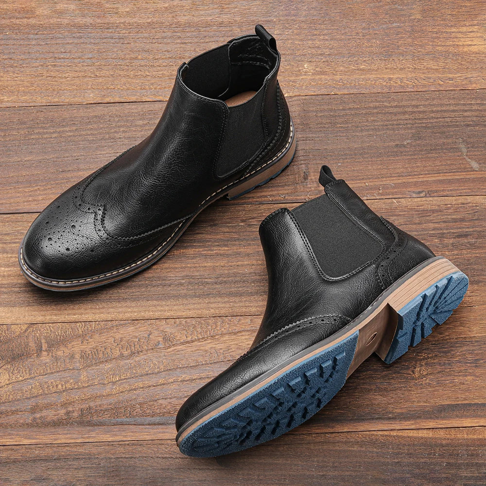 Męskie klasyczne botki Chelsea - styl brogue - ponadczasowy design