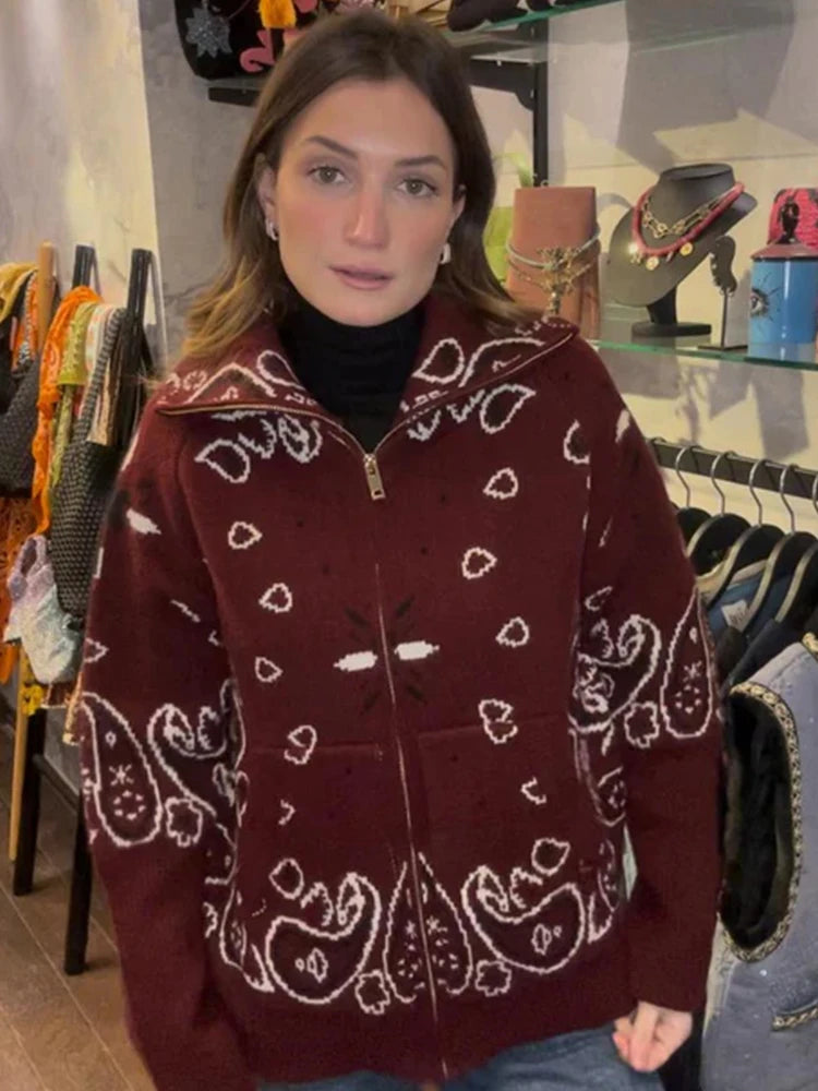 Damski dzianinowy kardigan jacquard z zamkiem i stójką luźny krój