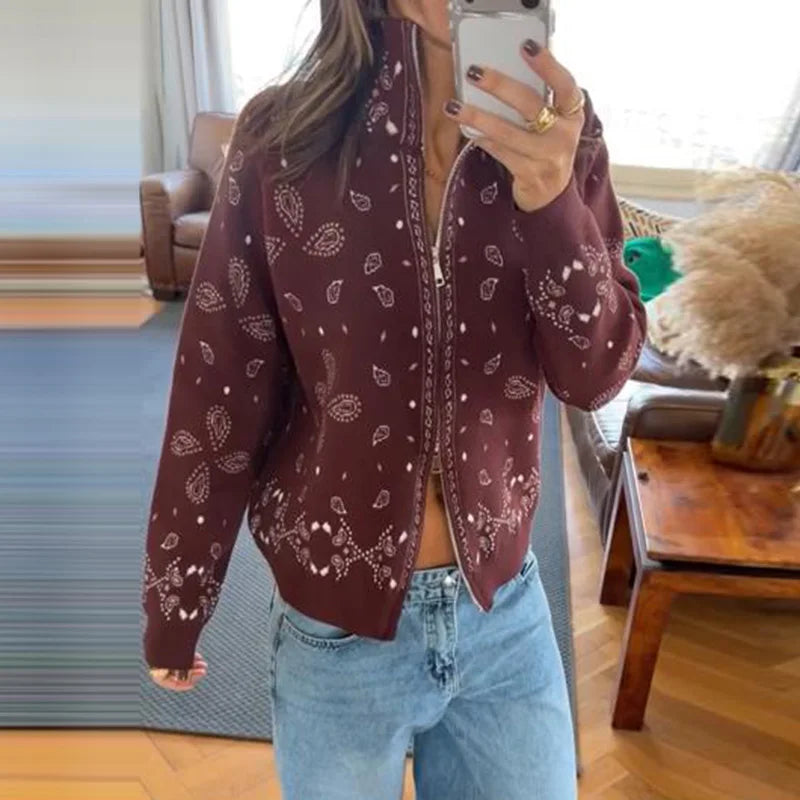 Damski cardigan z nadrukiem vintage z zamkiem i golfem długi rękaw