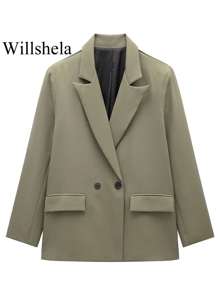 Damski kardigan blazer dwurzędowy długi rękaw z kieszeniami vintage