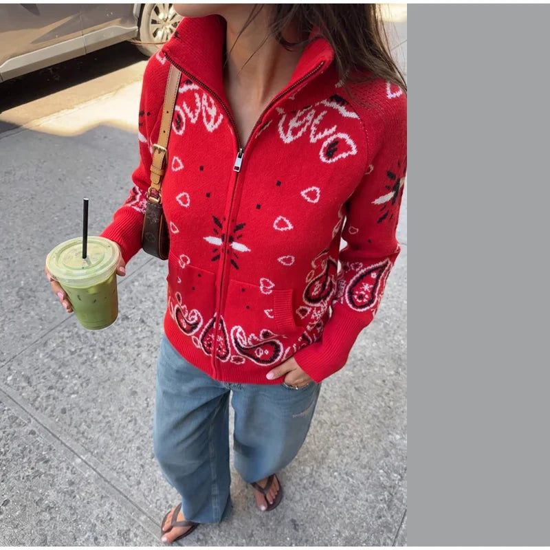 Damski cardigan z nadrukiem vintage z zamkiem i golfem długi rękaw