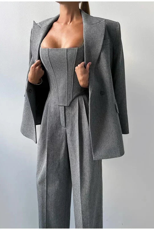 Damskie Spodnie Garnitur | Top Corset, Blazer i Spodnie Proste