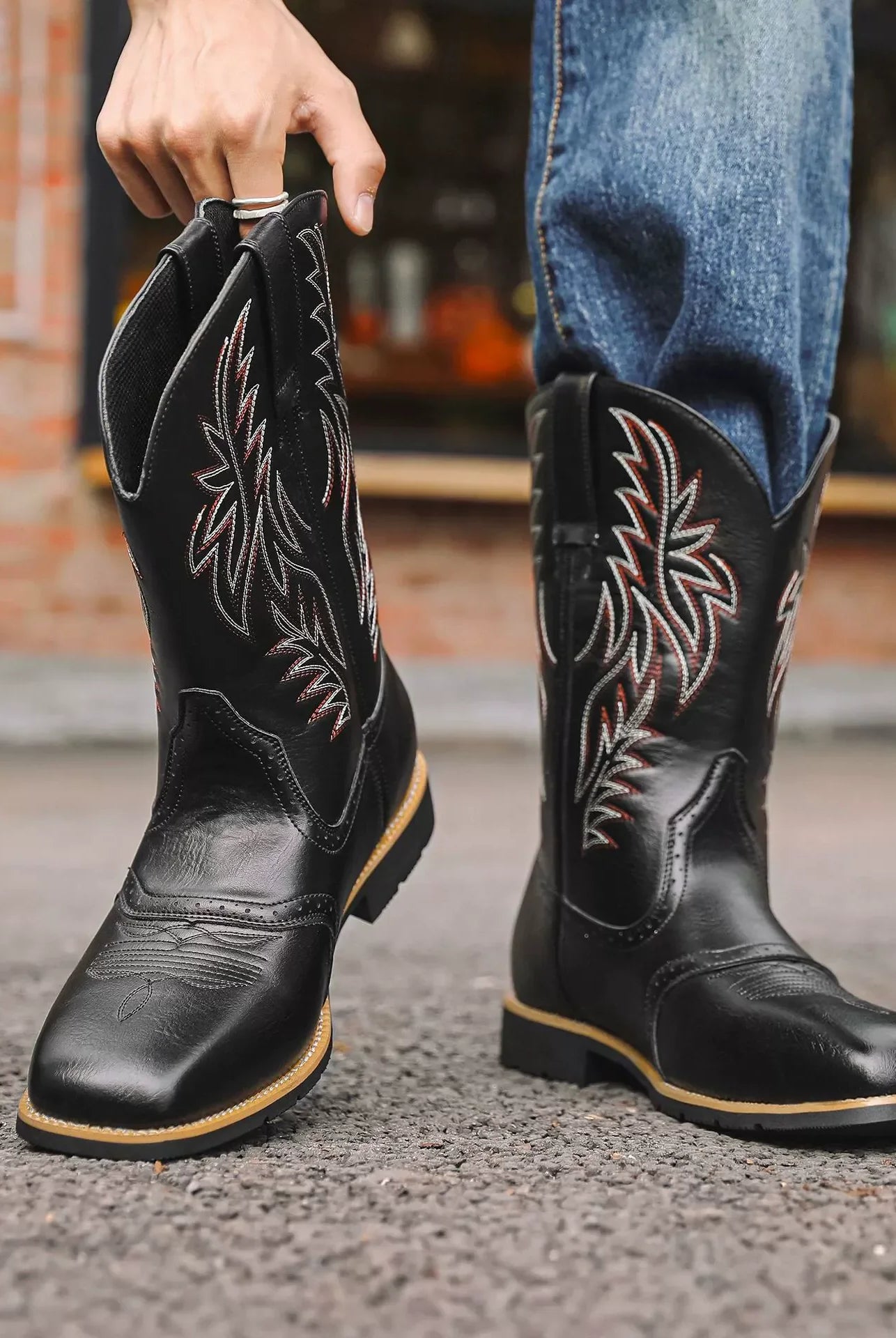 Męskie buty kowbojskie - haft - klasyczne - do połowy łydki - kwadratowy czubek