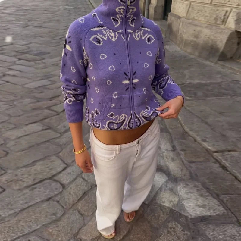 Damski cardigan z nadrukiem vintage z zamkiem i golfem długi rękaw