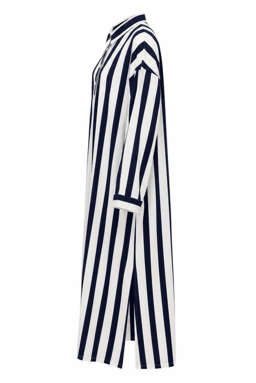 Damska Sukienka Maxi w Paski z Kołnierzem Koszulowym i Kieszeniami | Oversize | Letnia