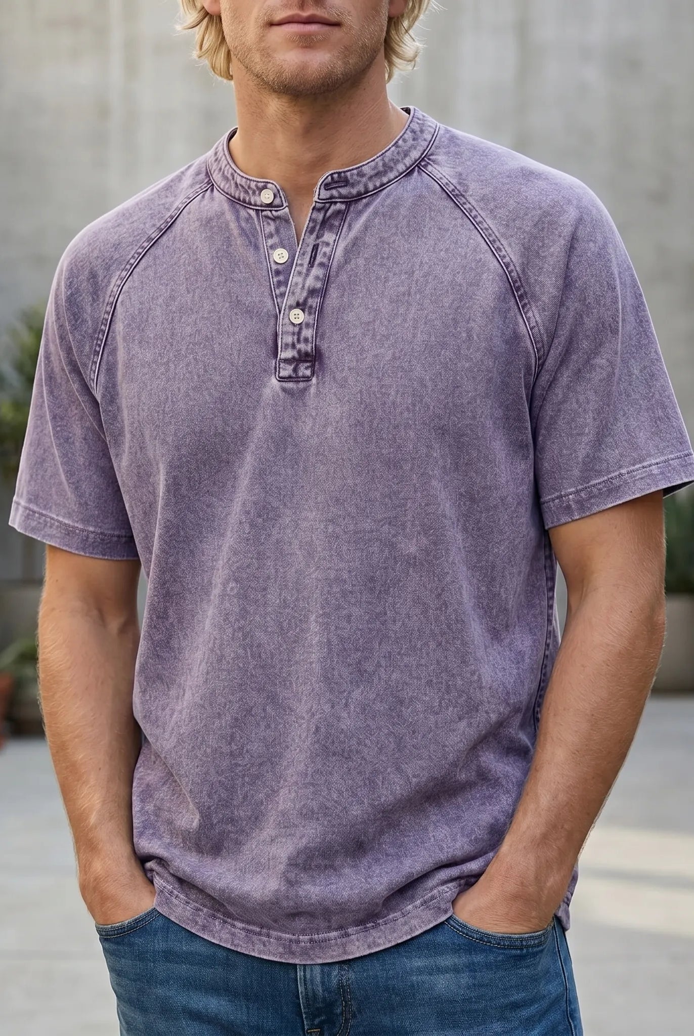 Koszulka henley męska | Vintage z guzikami | Rękaw raglan
