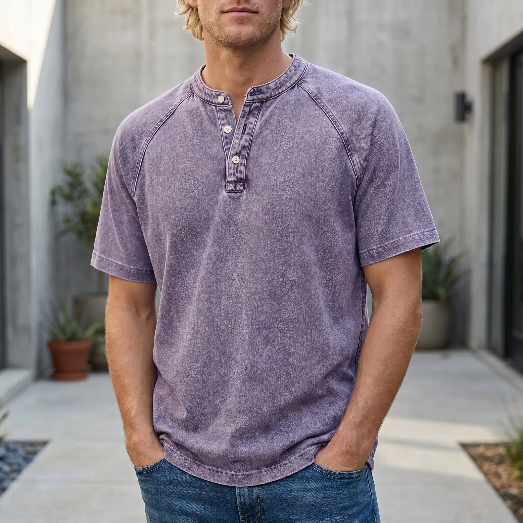 Koszulka henley męska | Vintage z guzikami | Rękaw raglan
