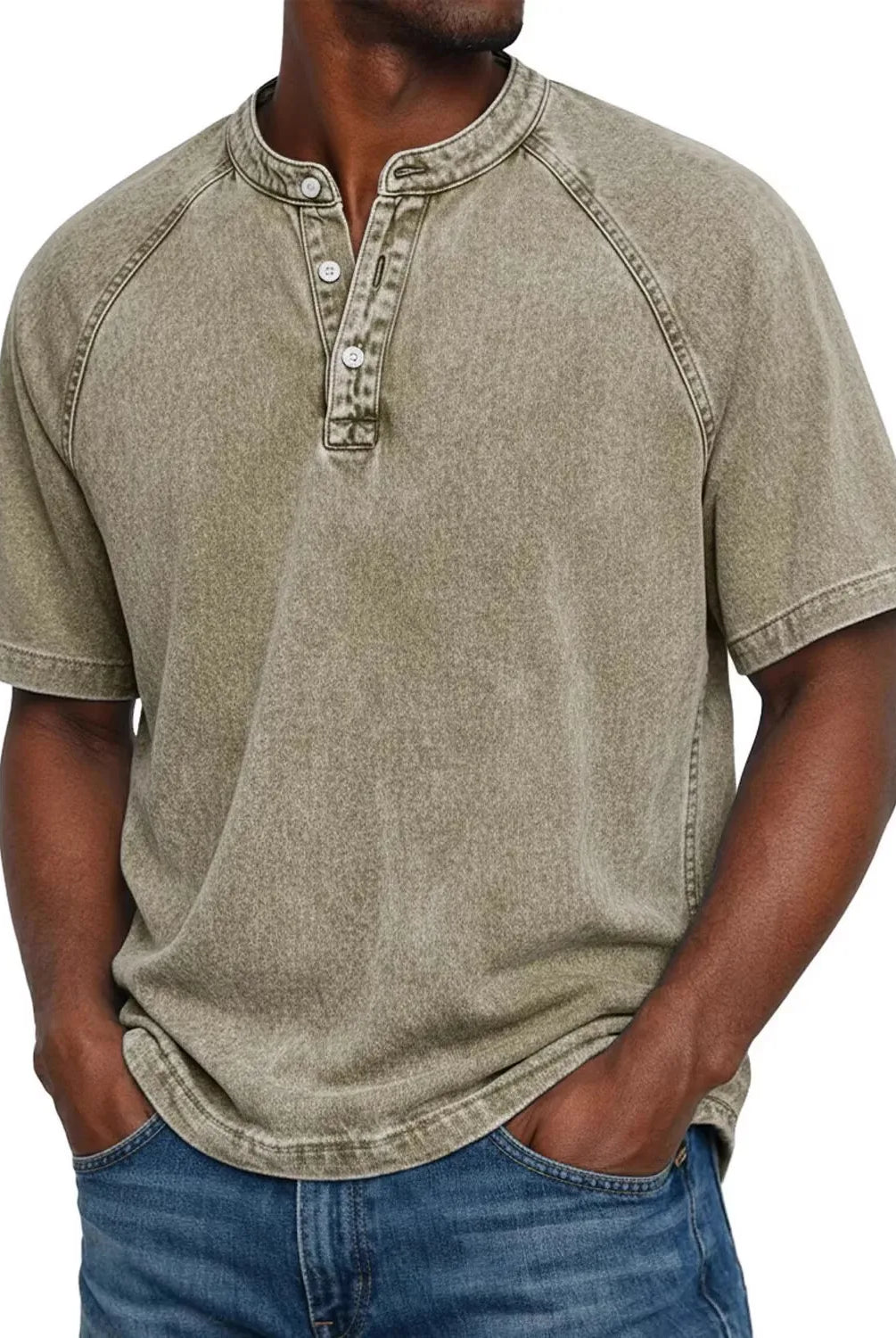 Koszulka henley męska | Vintage z guzikami | Rękaw raglan